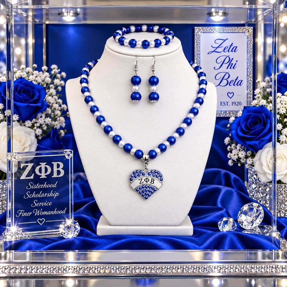 Zeta Phi Beta Jewelry Set Blue and white Necklace, Bracelet and Earrings